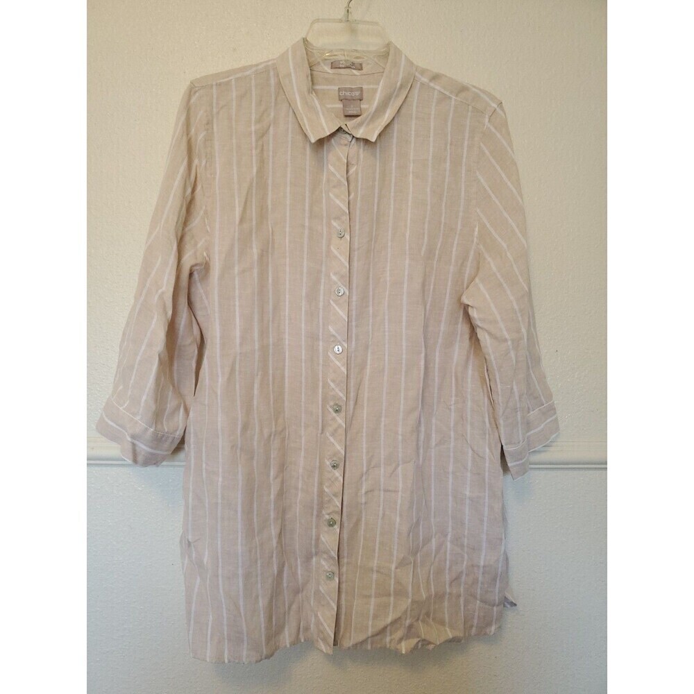 Chicos 3 No Iron Fresh Chic Linen Button Up Top Women‎ 16/18 Beige White Striped
